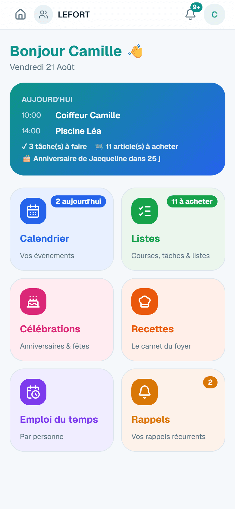Le tableau de bord FamiSync — capture réelle, données fictives de démonstration