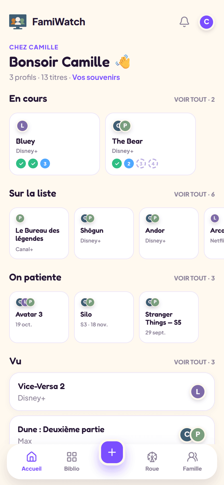 Le tableau de bord FamiWatch — capture réelle, données fictives de démonstration