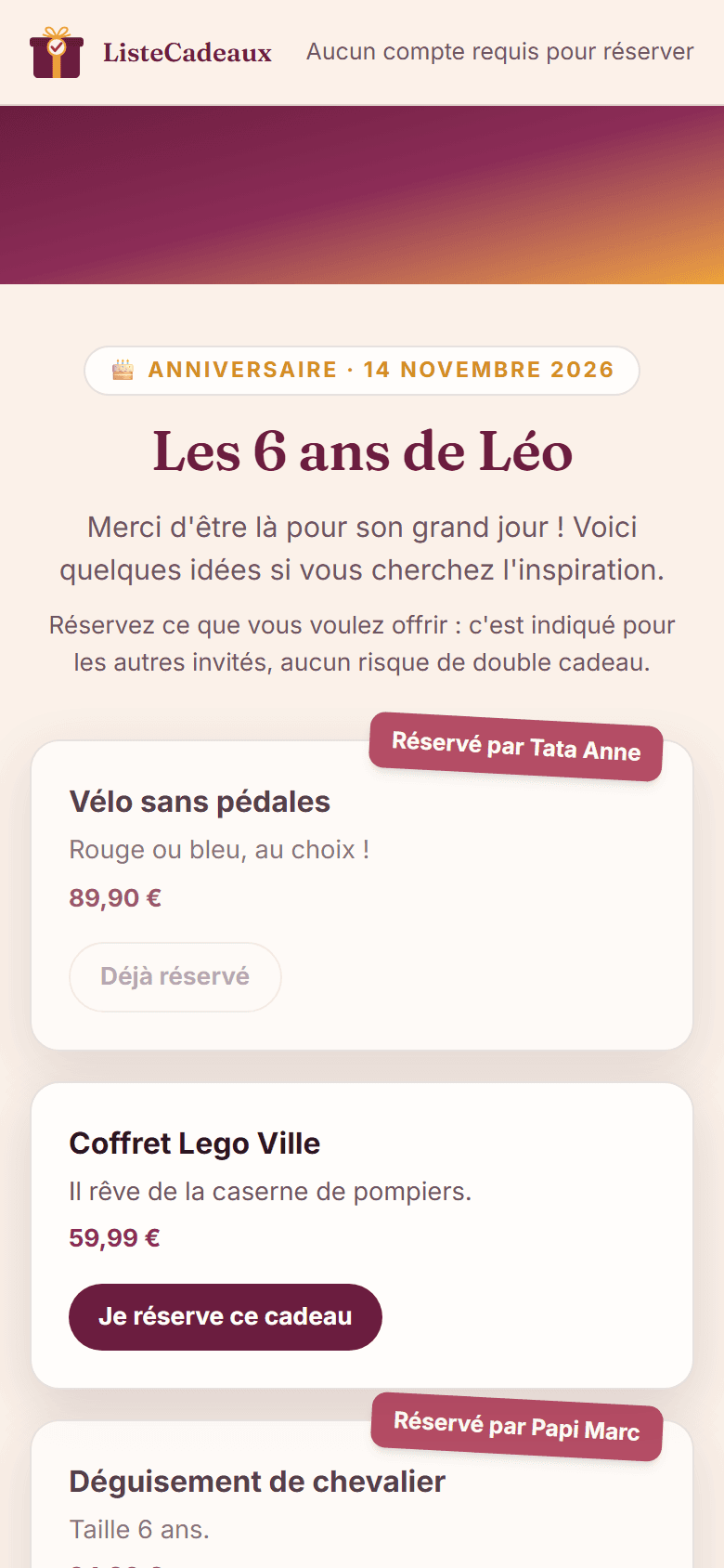 Une liste de cadeaux ListeCadeaux vue par un invité — capture réelle, données fictives de démonstration